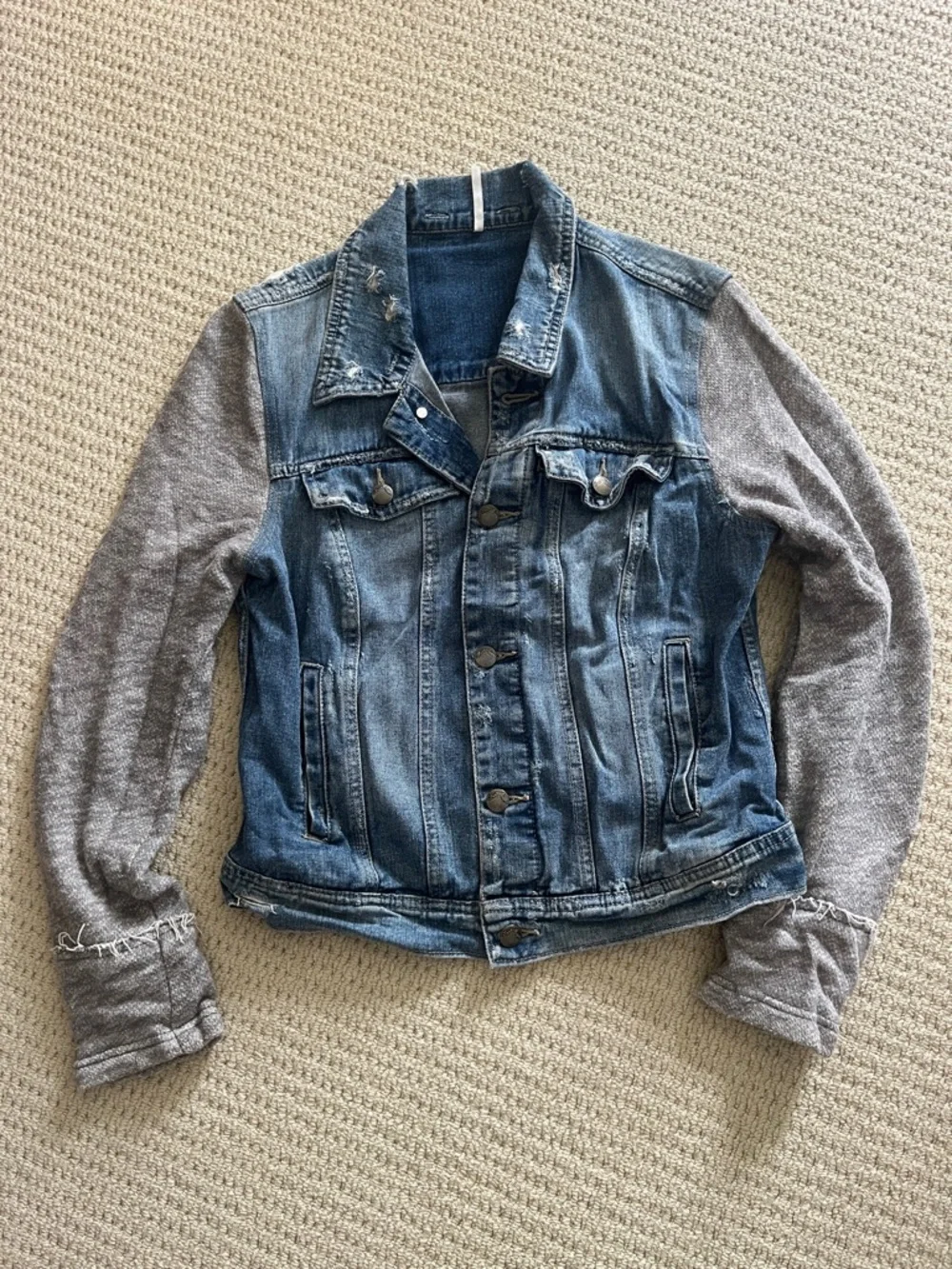 Free People Denim Jacket with Heather Gray Knit Sleeves - Blue & Gray - Picture 4 of 6
